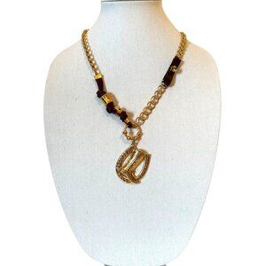 Gold Tone & Brown Leather Rhinestone Cowboy Boot Pendant Necklace With Horse Sho